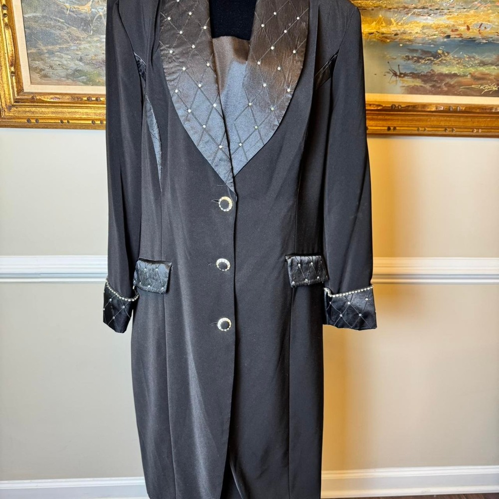 GOSPEL Womens Black Duster Jacket Quilted Satin Rhinestone Trim Size 20 Formal